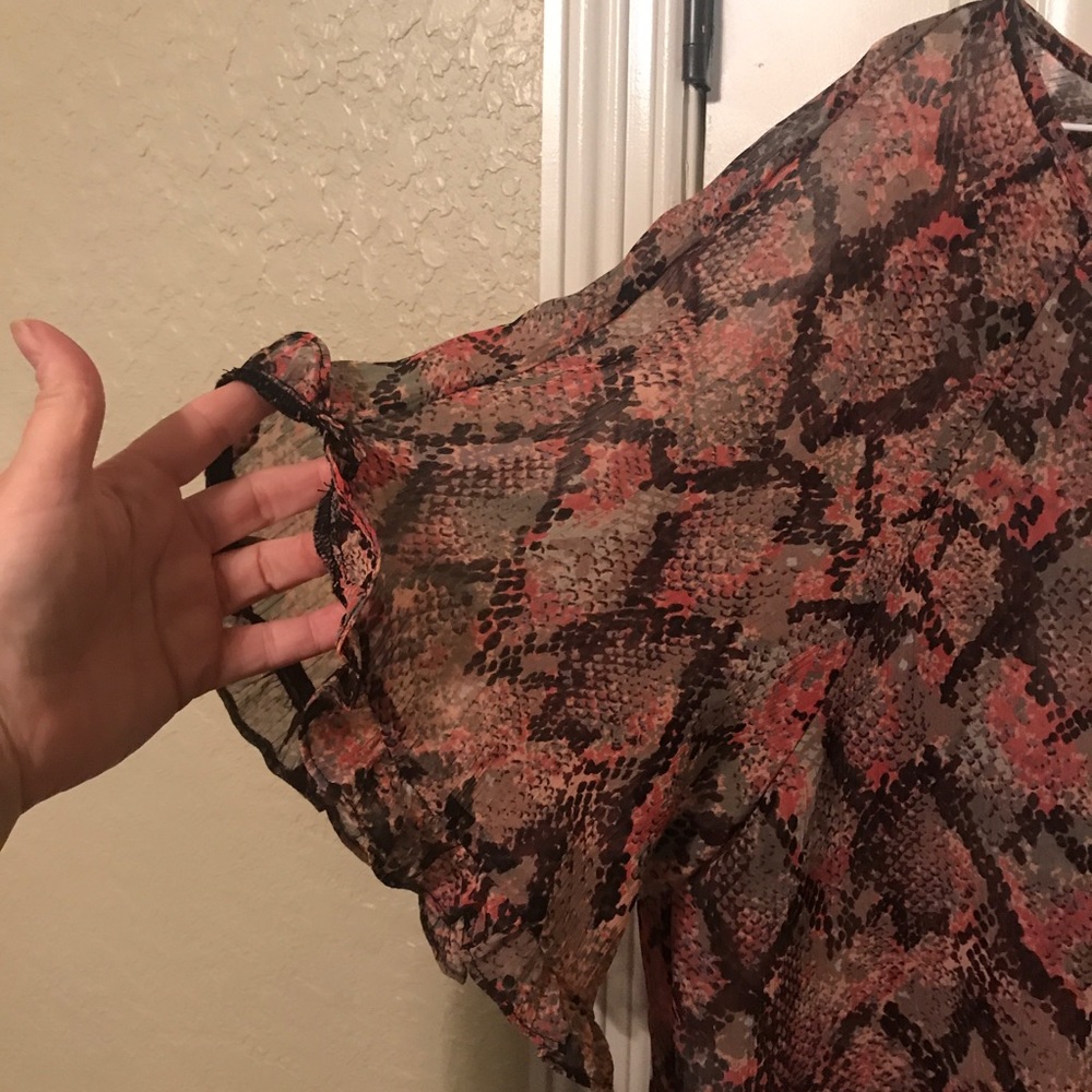 Snakeprint Ruffle Sleeve Sheer Top - Picture 3 of 7